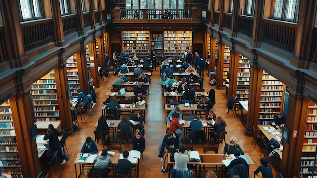 crowded-library-full-students-studying-wooden-tables-rows-bookshelves-line-walls_36682-26943